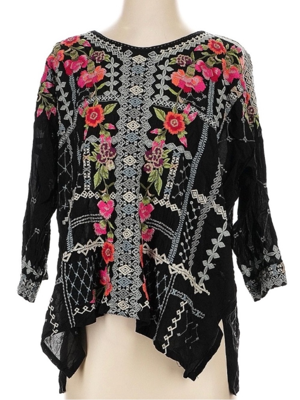 Johnny Was Black Floral Embroidered Peasant Top